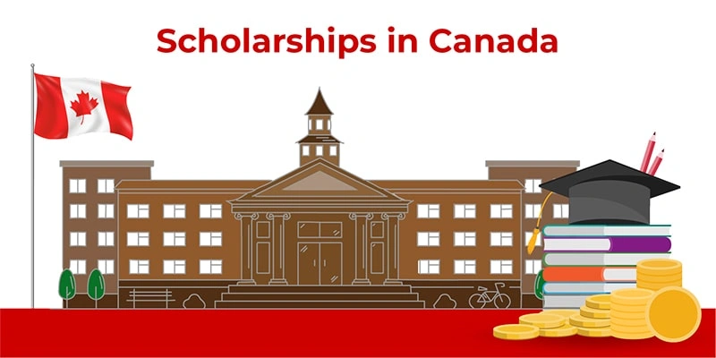 A graphic illustration of a Canadian university building with a Canadian flag, stacked books, graduation cap, and coins representing scholarships in Canada.