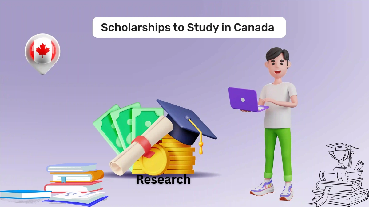 "Student holding a laptop beside scholarship and research icons, representing scholarships to study in Canada."