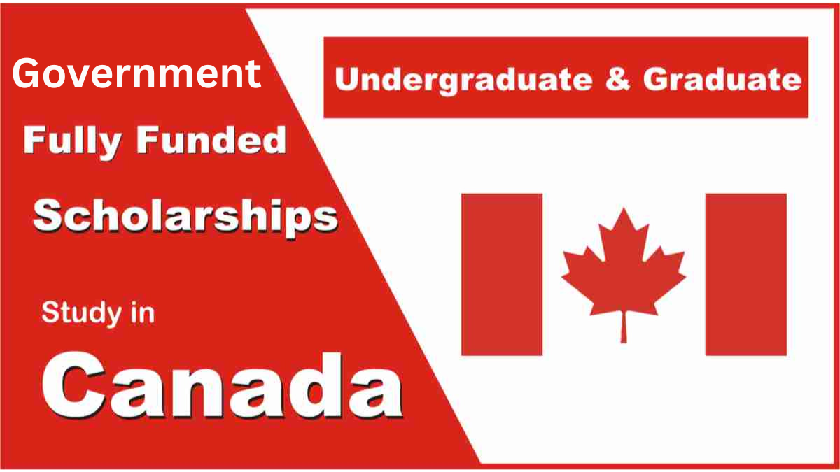 Red and white banner promoting government fully funded scholarships in Canada for undergraduate and graduate students, featuring the Canadian flag.