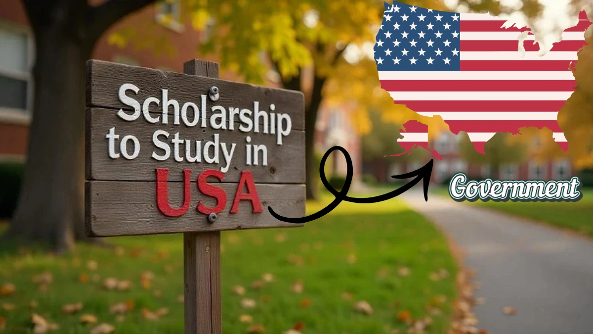 USA Scholarships Scholarships Wooden signboard on a college campus that reads “Scholarship to Study in USA,” with an illustrated U.S. map and the word “Government” indicating government-funded scholarship opportunities.