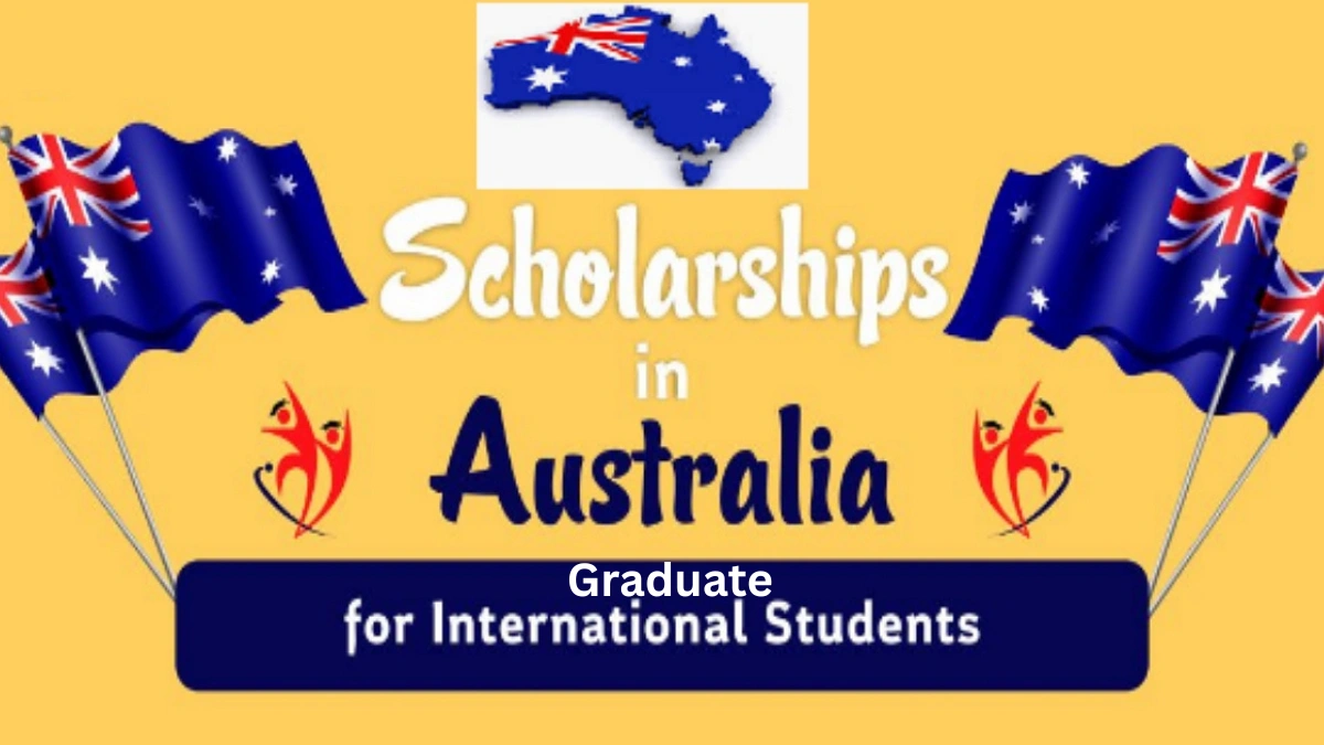 "Australia scholarships graphic with Australian flags, map of Australia, and text promoting graduate scholarships for international students."