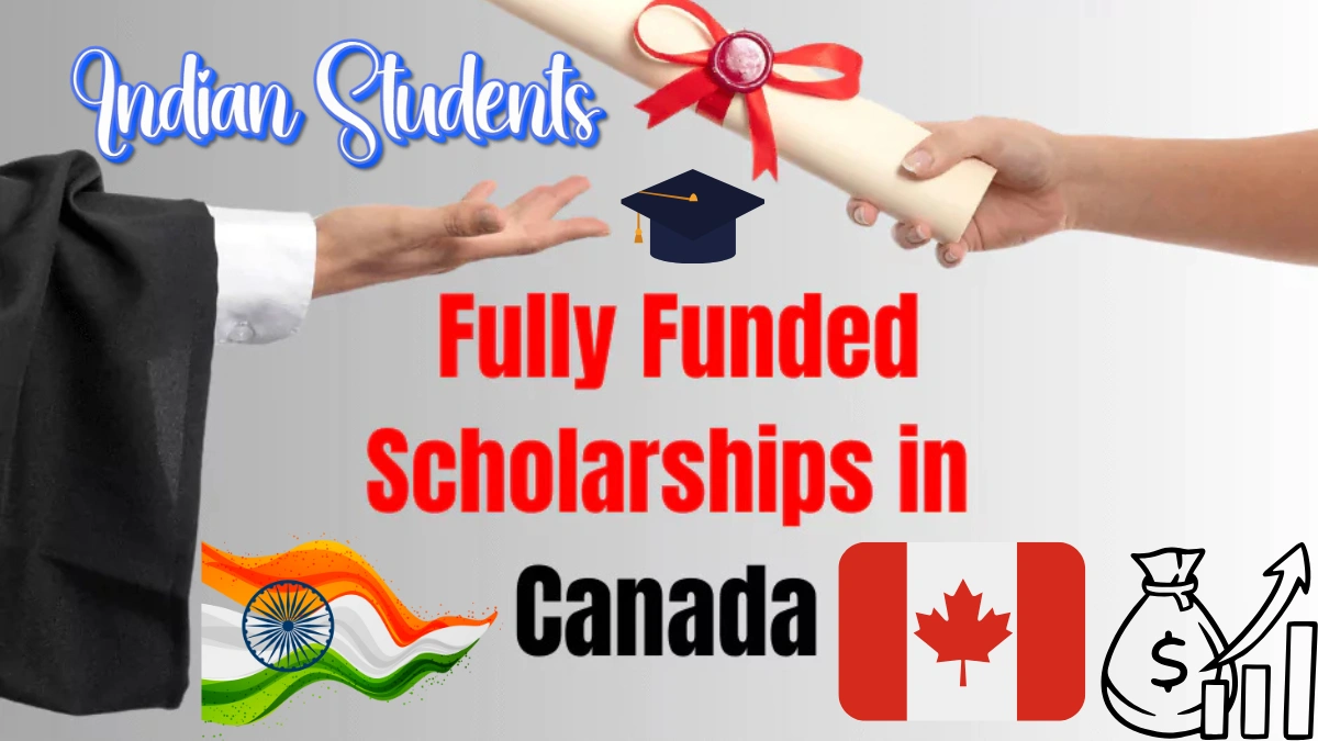 Indian Students receiving a diploma with text “Fully Funded Scholarships in Canada,” featuring India and Canada flags, graduation cap, and financial growth icons.