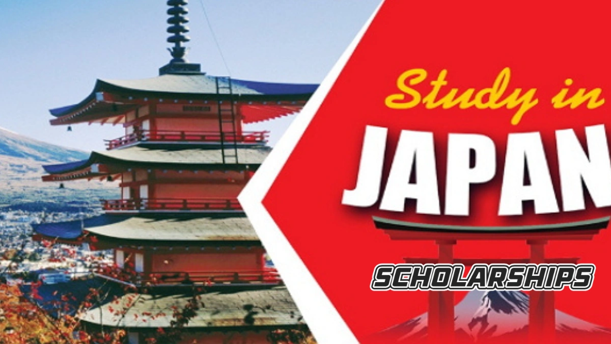 Japanese pagoda with Mount Fuji in the background and a graphic banner promoting Study in Japan scholarships