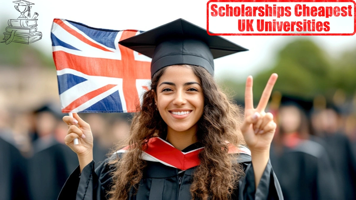 Smiling graduate wearing a cap and gown holding a UK flag and making a peace sign, with text promoting scholarships at the cheapest UK universities.