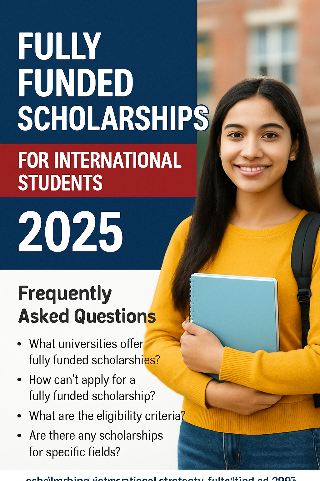 A smiling international female student holding a blue notebook on a university campus, with text promoting fully funded scholarships for international students 2025.