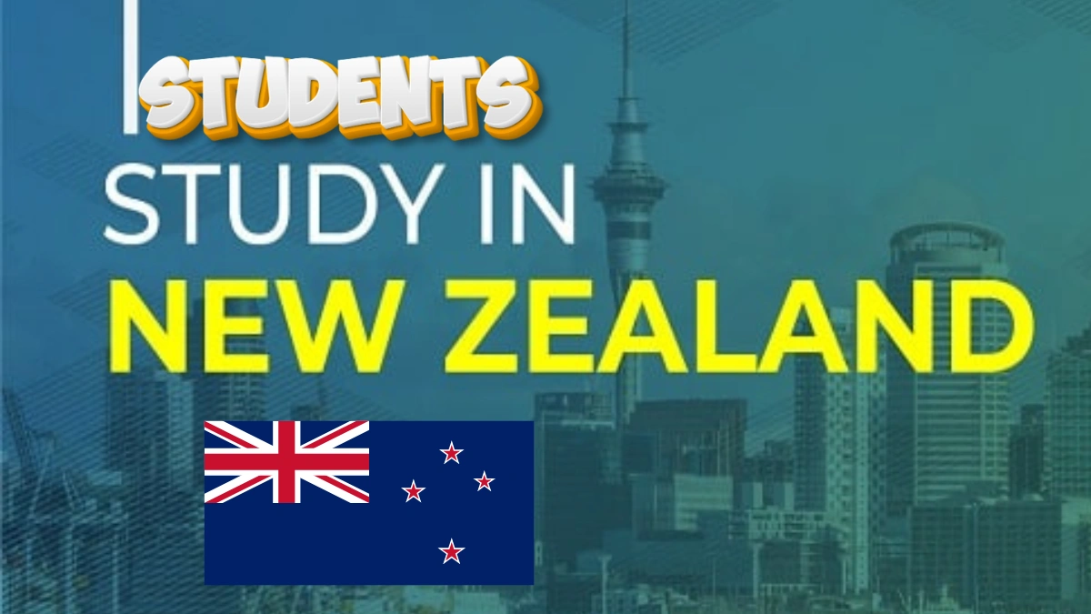 “Study in New Zealand promotional graphic featuring city skyline, bold yellow text ‘Study in New Zealand,’ the New Zealand flag, and the word ‘Students’ highlighted at the top.”
