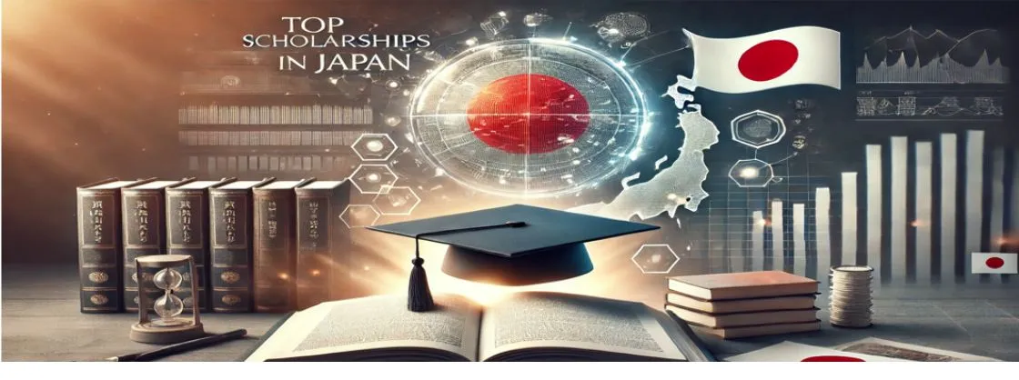 A graduation cap floating above an open book with Japanese flags, stacked books, and futuristic digital graphics highlighting Japan and the title “Top Scholarships in Japan.”