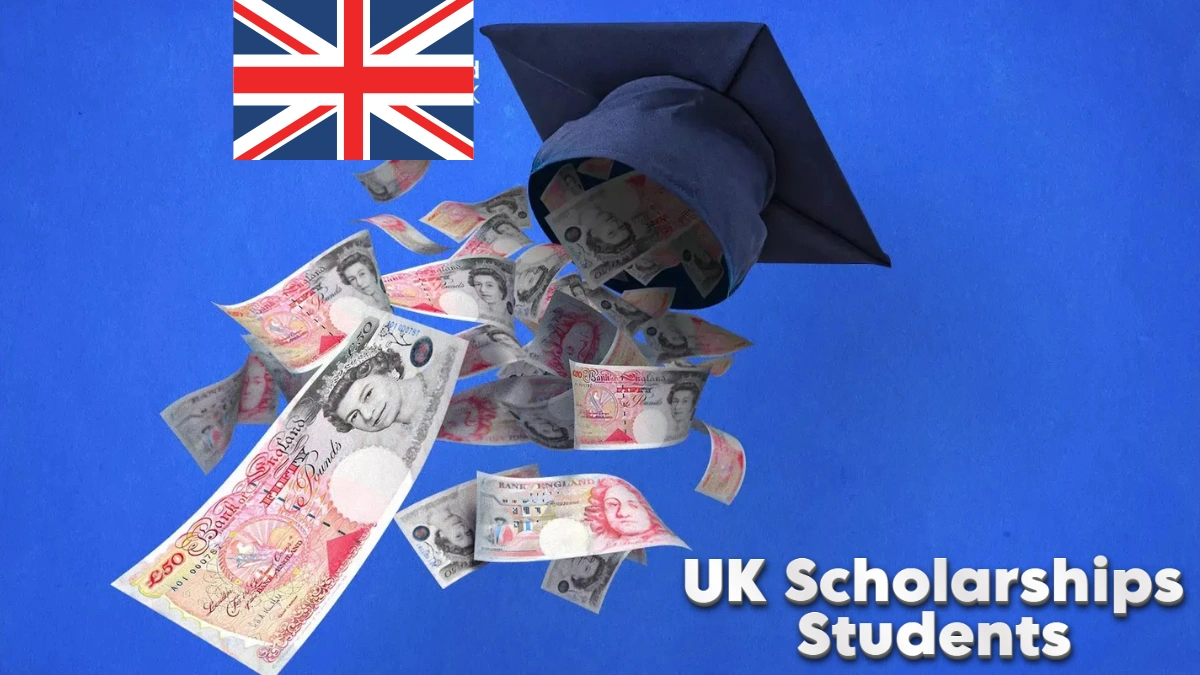 Graduation cap spilling British pound notes with UK flag symbolizing fully funded UK scholarships for international students.