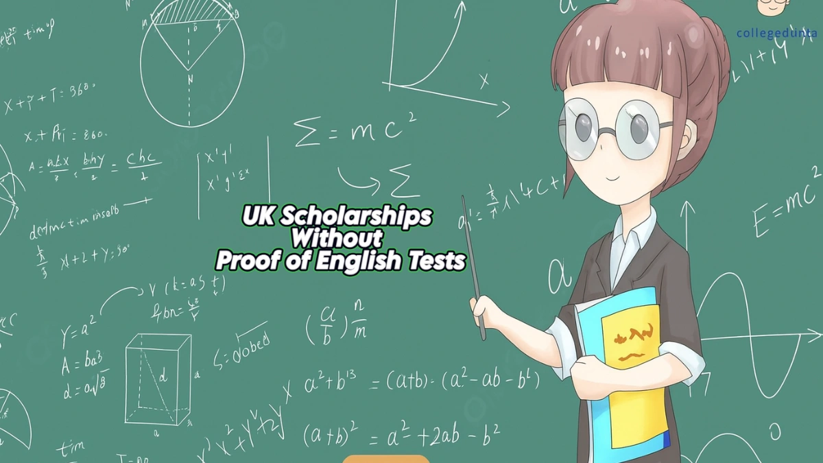 Anime-style illustration of a teacher standing in front of a chalkboard filled with mathematical formulas, with text reading “UK Scholarships Without Proof of English Tests.”