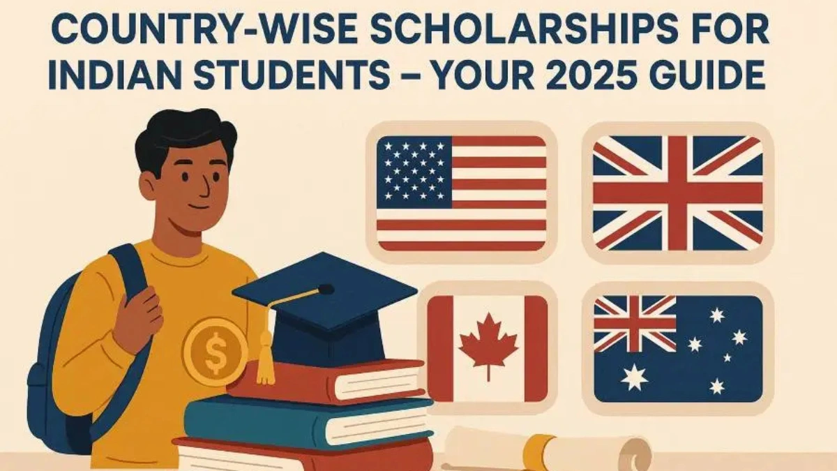 International Students Illustration of a student with a backpack standing beside graduation books and a cap, with flags of the USA, UK, Canada, and Australia. Text reads “Country-Wise Scholarships for Indian Students – Your 2025 Guide.”