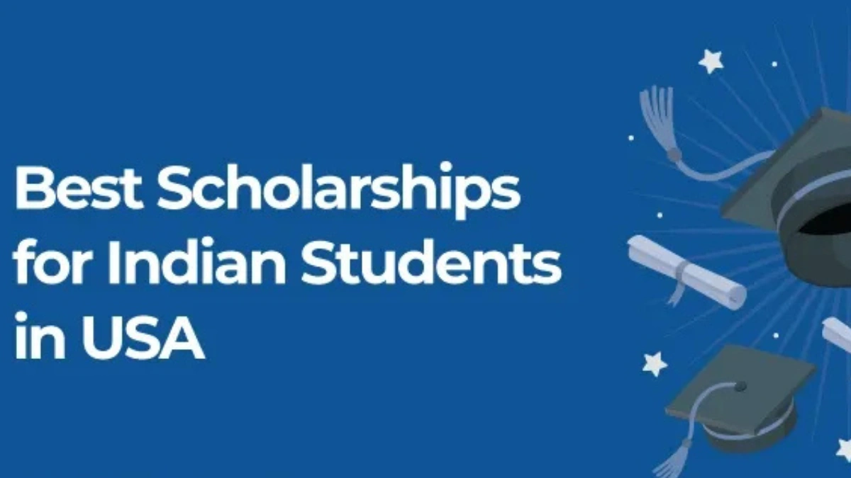 Blue graphic banner with the text “Best Scholarships for Indian Students in USA” and illustrations of graduation caps, diplomas, and stars.