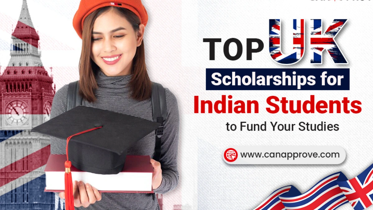 Young Indian student holding graduation cap and books, with UK flag and Big Ben in the background, promoting top UK scholarships for Indian students.