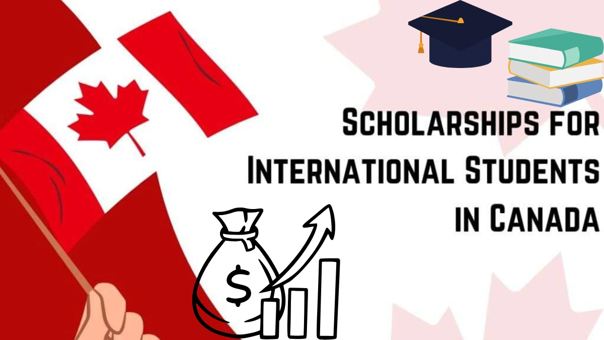 Canadian flag background with icons of graduation cap, books, and money bag representing scholarships for international students in Canada. Canadian Scholarships