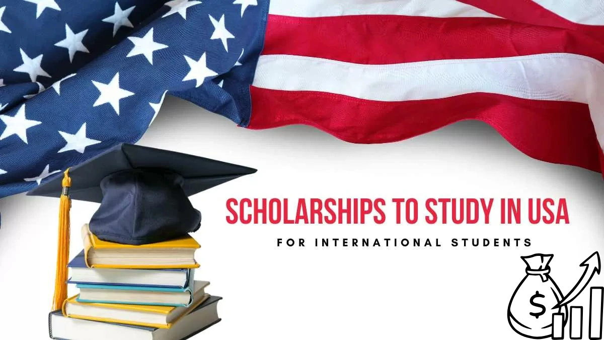 "Scholarships to study in the USA image featuring graduation cap, stack of books, American flag, and financial aid icon."