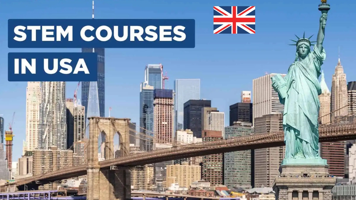 STEM Scholarships“STEM Courses in USA text over New York City skyline with Brooklyn Bridge and Statue of Liberty.”