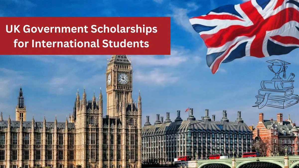 British Government Scholarships UK Parliament building with Big Ben under a blue sky, featuring a large waving Union Jack flag and a banner about UK government scholarships for international students.
