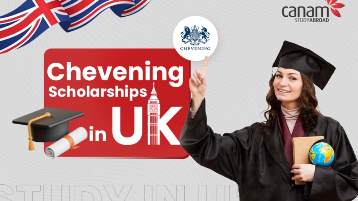 Smiling graduate in a cap and gown holding a book and small globe, pointing toward a Chevening Scholarships logo beside text that reads “Chevening Scholarships in UK.”