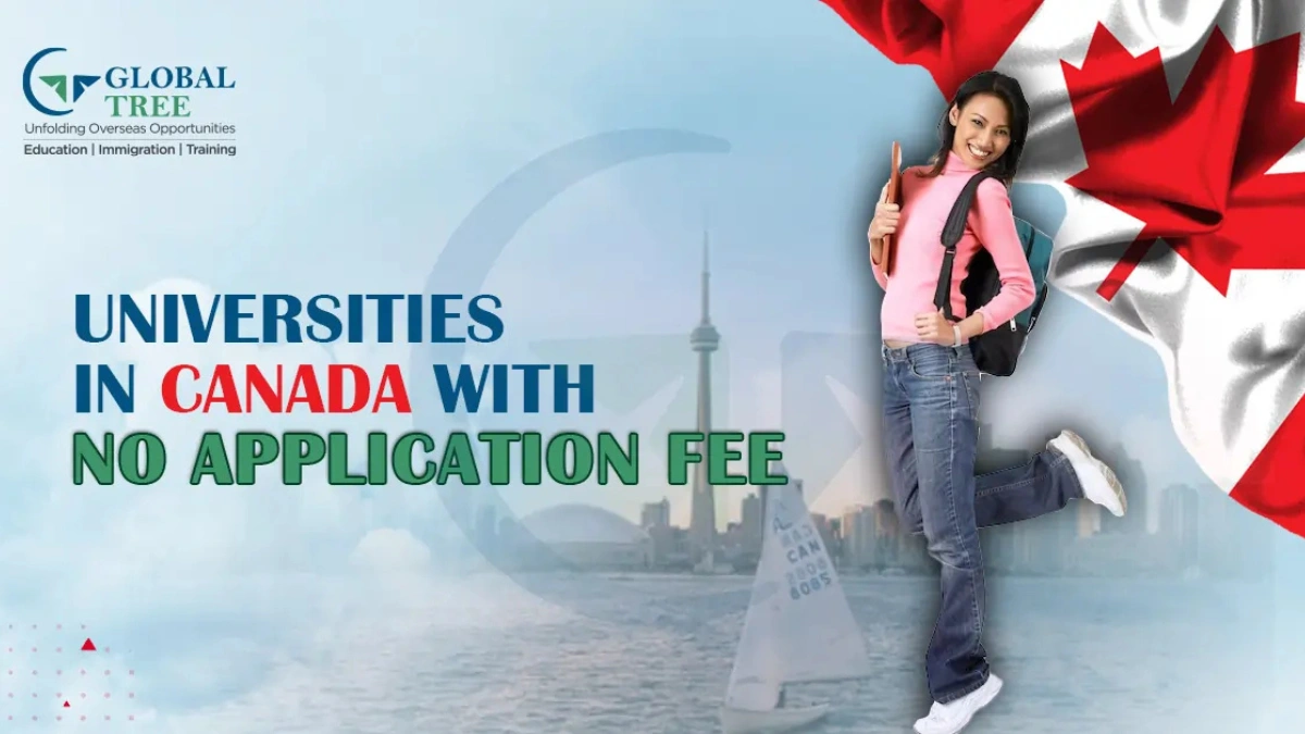 Scholarships A smiling female student holding books and a backpack stands in front of the Canadian flag, with the Toronto skyline in the background and the text “Universities in Canada with No Application Fee.”