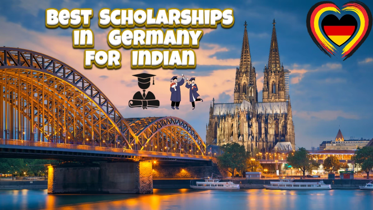 "Best scholarships in Germany for Indian students displayed over a scenic view of Cologne Cathedral and Hohenzollern Bridge with graduation icons and a German heart symbol."