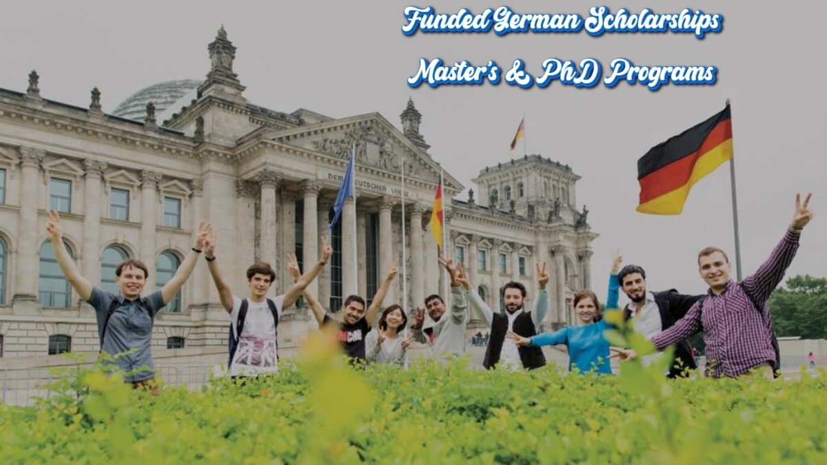 Funded German Scholarships Modern German university campus with students walking in front of the main building