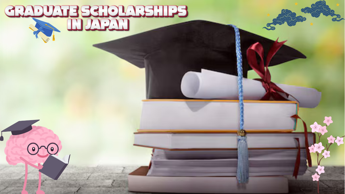 A graduation cap placed on a stack of books with a rolled diploma, decorated with cartoon elements including a cute brain character reading a book, cherry blossoms, and traditional Japanese cloud motifs. Text reads “Graduate Scholarships in Japan.”