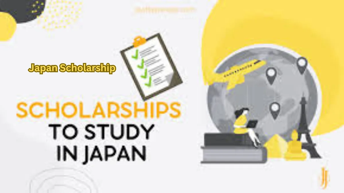 Illustration of Japan scholarships showing a student studying with a globe, airplane, checklist, and travel icons.