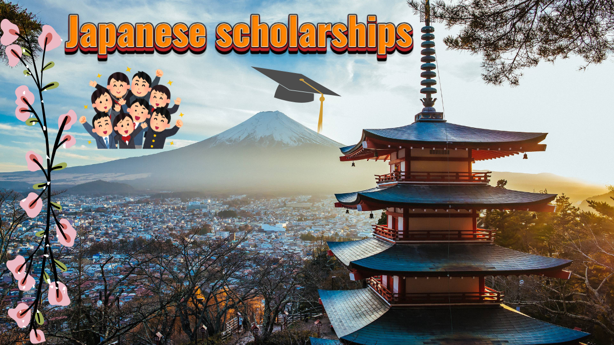 "Scenic view of Mount Fuji and a traditional Japanese pagoda with added graphics of celebrating students, a graduation cap, and decorative cherry blossom elements, along with the title 'Japanese scholarships' at the top."
