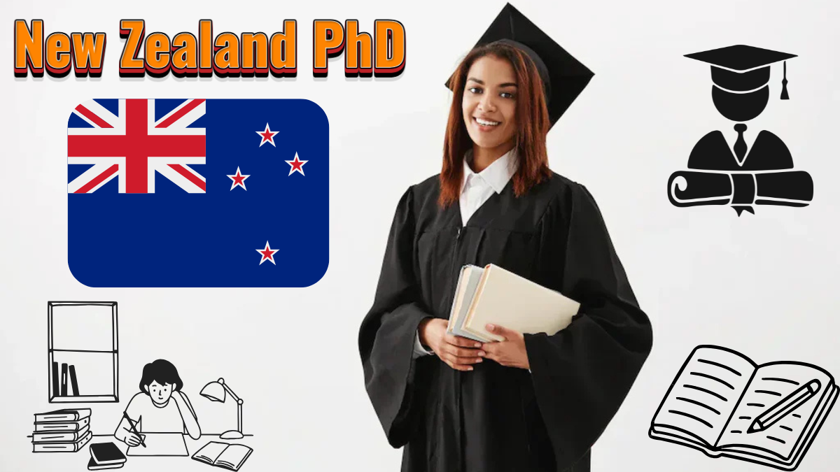 A female graduate wearing a black graduation gown and cap holding books, standing beside the New Zealand flag with academic icons representing PhD studies.