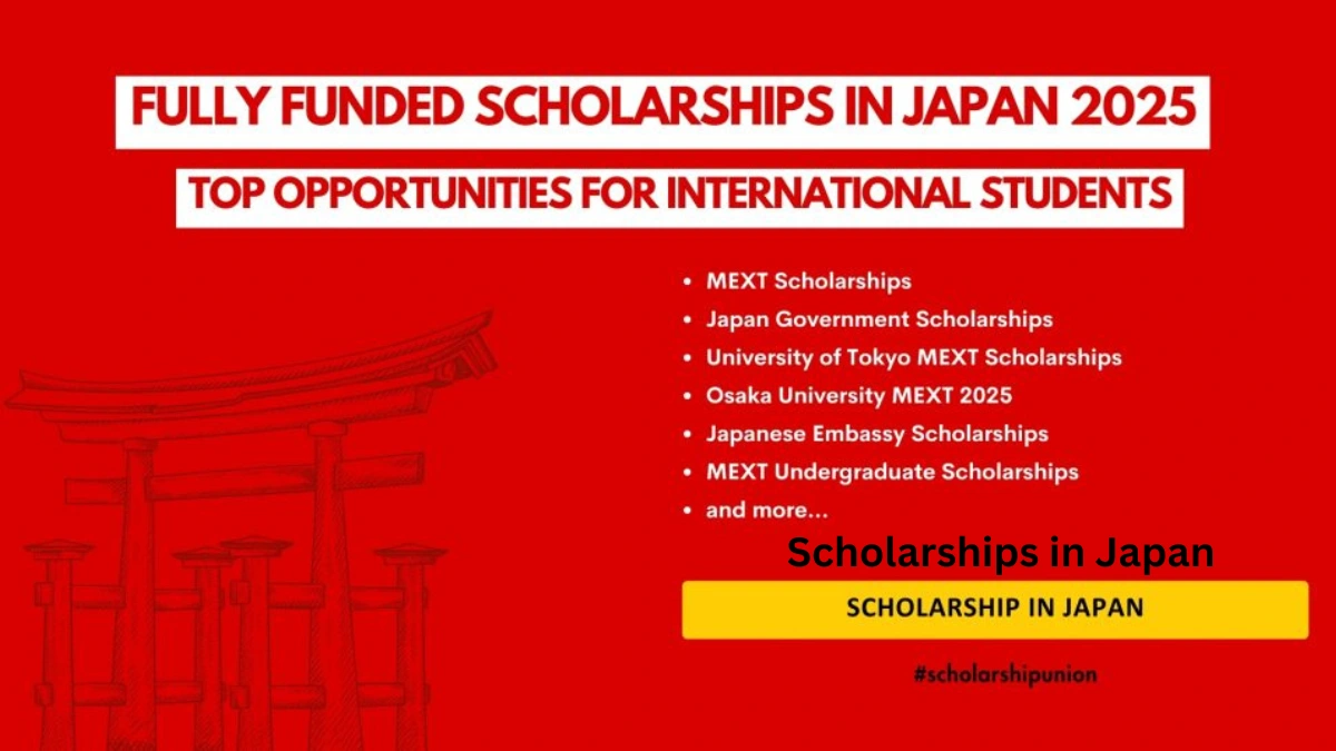 "Fully funded scholarships in Japan 2025 banner with list of top opportunities for international students on a red background."