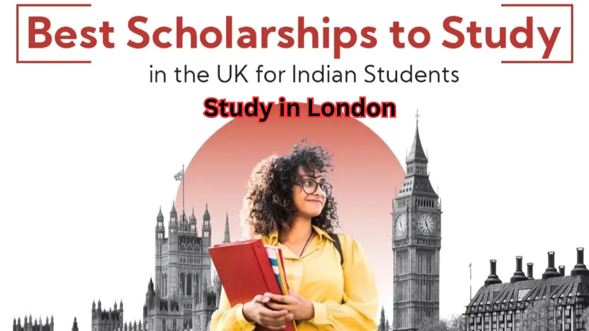Study in London 2025 – Indian student holding books with Big Ben and UK landmarks in the background, representing top scholarships to study in the UK.