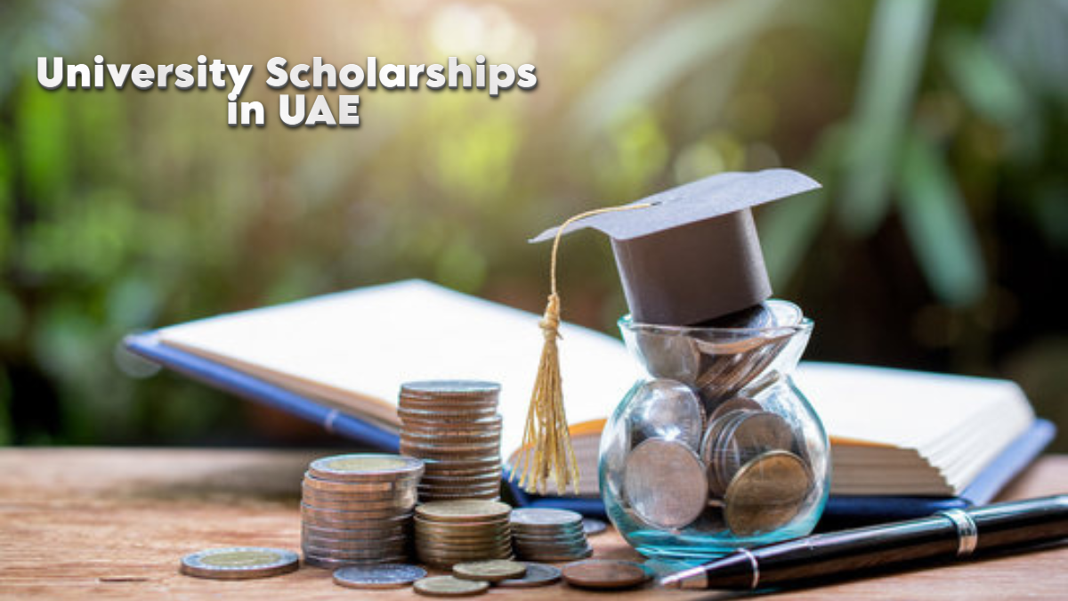 A glass jar filled with coins topped with a graduation cap, placed beside stacks of coins, an open book, and a pen, representing university scholarships in the UAE.