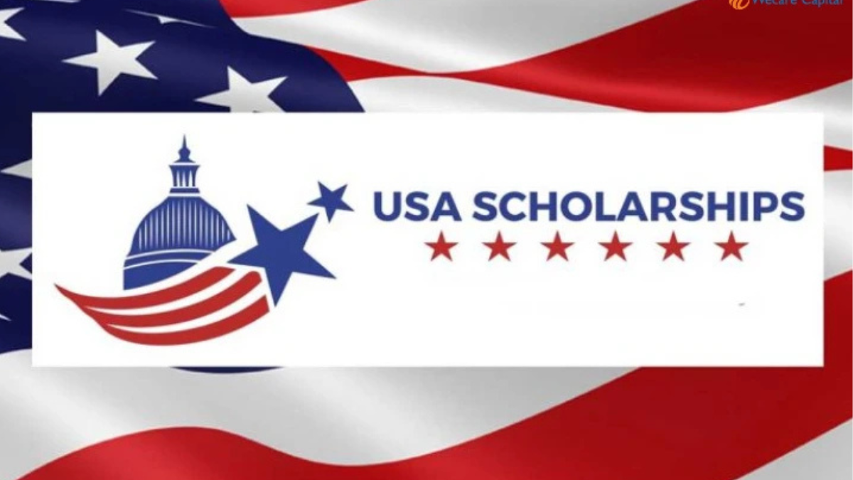 “USA Scholarships logo with the U.S. Capitol dome, stars, and red-white stripes on an American flag background.”