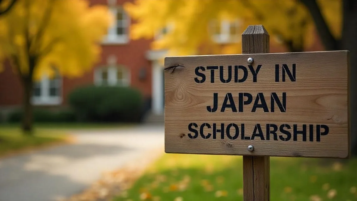 "International student holding books and a backpack standing near cherry blossoms with text indicating scholarships in Japan."