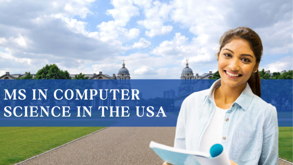 International students researching top USA scholarships for a Master’s in Computer Science at a modern university campus.