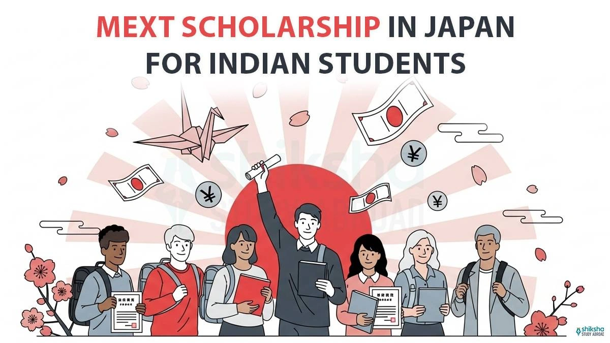 MEXT Scholarship in Japan "Illustration of diverse students holding books and certificates in front of a red rising sun motif, surrounded by Japanese yen symbols, currency notes, cherry blossoms, and origami cranes, with the text 'MEXT Scholarship in Japan for Indian Students' at the top."