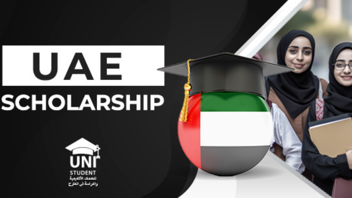 “UAE scholarships banner featuring a graduation cap on the UAE flag sphere and a group of female students wearing hijabs holding books.”