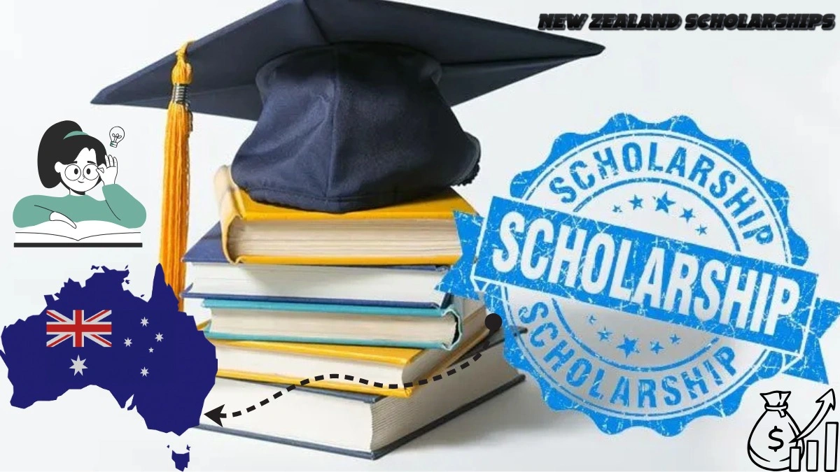New Zealand Fully Funded Scholarships“Stack of books with graduation cap, scholarship stamp, New Zealand scholarship theme graphics, and study icons.”